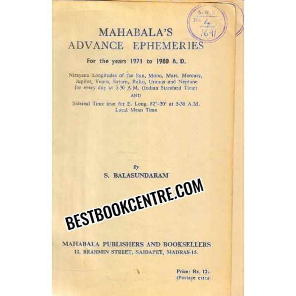 mahabalas advance ephemeries for the years 1971 to 1980 1st edition