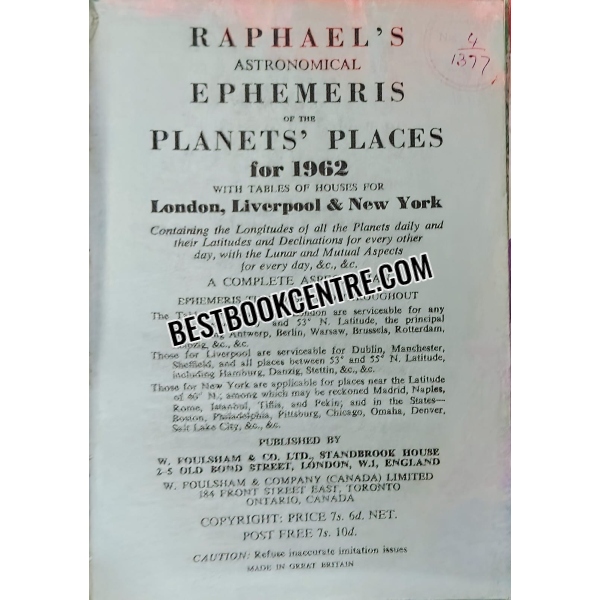 raphaels astronomical ephemeris of the planets places for 1956  to 1962 7years 