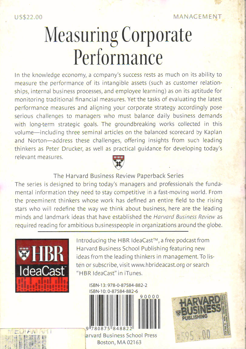 Harvard Business Review On Measuring Corporate Performance.