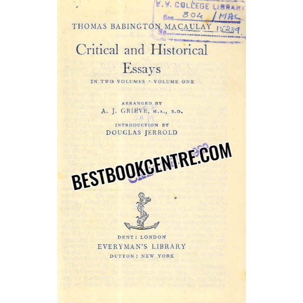 critical and historical essays volume one